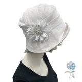 Cloche Hat Women, White Linen Wedding Hat with Satin and Rhinestone Brooch, Handmade in the USA