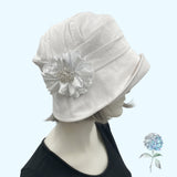 Cloche Hat Women, White Linen Wedding Hat with Satin and Rhinestone Brooch, Handmade in the USA