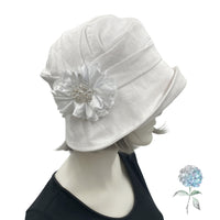 Cloche Hat Women, White Linen Wedding Hat with Satin and Rhinestone Brooch, Handmade in the USA