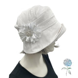 Cloche Hat Women, White Linen Wedding Hat with Satin and Rhinestone Brooch, Handmade in the USA