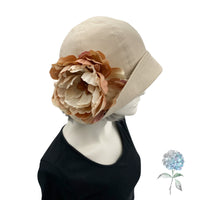 Summer Cloche Hat, Beige Cotton Flapper Hat with large Peony Flower Brooch, Handmade in the USA