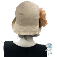 Summer Cloche Hat, Beige Cotton Flapper Hat with large Peony Flower Brooch, Handmade in the USA