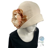 Summer Cloche Hat, Beige Cotton Flapper Hat with large Peony Flower Brooch, Handmade in the USA