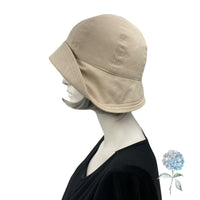 Summer Cloche Hat, Beige Cotton Flapper Hat with large Peony Flower Brooch, Handmade in the USA