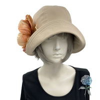 Summer Cloche Hat, Beige Cotton Flapper Hat with large Peony Flower Brooch, Handmade in the USA