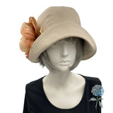 Summer Cloche Hat, Beige Cotton Flapper Hat with large Peony Flower Brooch, Handmade in the USA