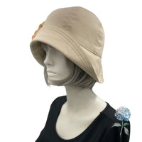 Summer Cloche Hat, Beige Cotton Flapper Hat with large Peony Flower Brooch, Handmade in the USA