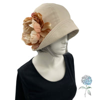Summer Cloche Hat, Beige Cotton Flapper Hat with large Peony Flower Brooch, Handmade in the USA