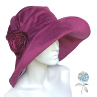 Teal Velvet Wide Brim Hat, or Choose Your Color, Derby Hat with Satin Rose Brooch, Handmade in USA, Winter Wedding Hat