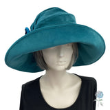 Teal Velvet Wide Brim Hat, or Choose Your Color, Derby Hat with Satin Rose Brooch, Handmade in USA, Winter Wedding Hat