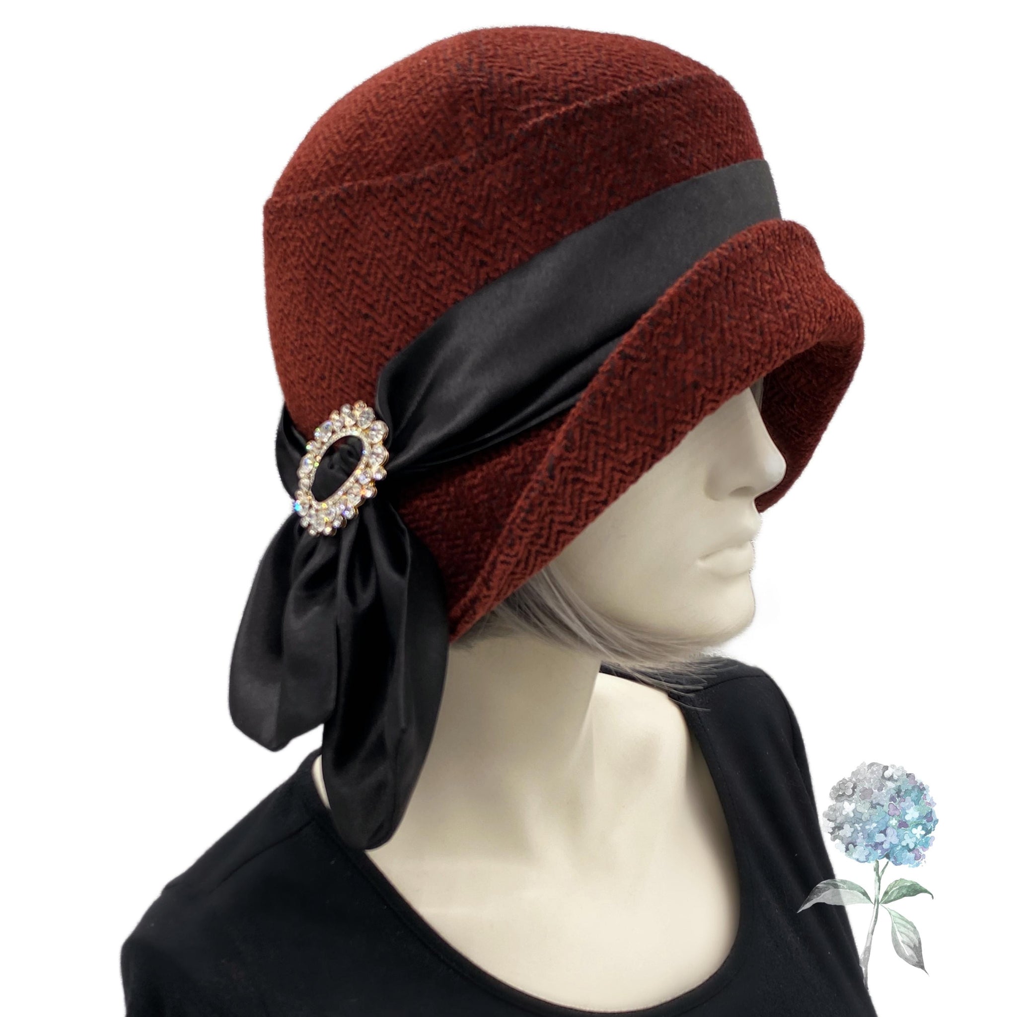 Elegant Cloche Handmade in Textured Velvet with Black Satin 