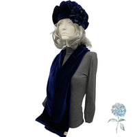 Navy Blue Velvet Beret with Hydrangea Petals