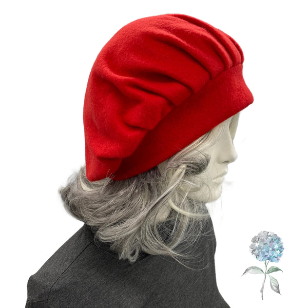 Pleated Beret in Red Fleece Size Small/Medium Ready to Ship, Satin Lined Winter Hat
