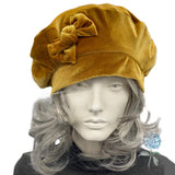Handmade Gold Velvet Beret with Bow, Satin Lined, Size Large