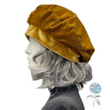Handmade Gold Velvet Beret with Bow, Satin Lined, Size Large