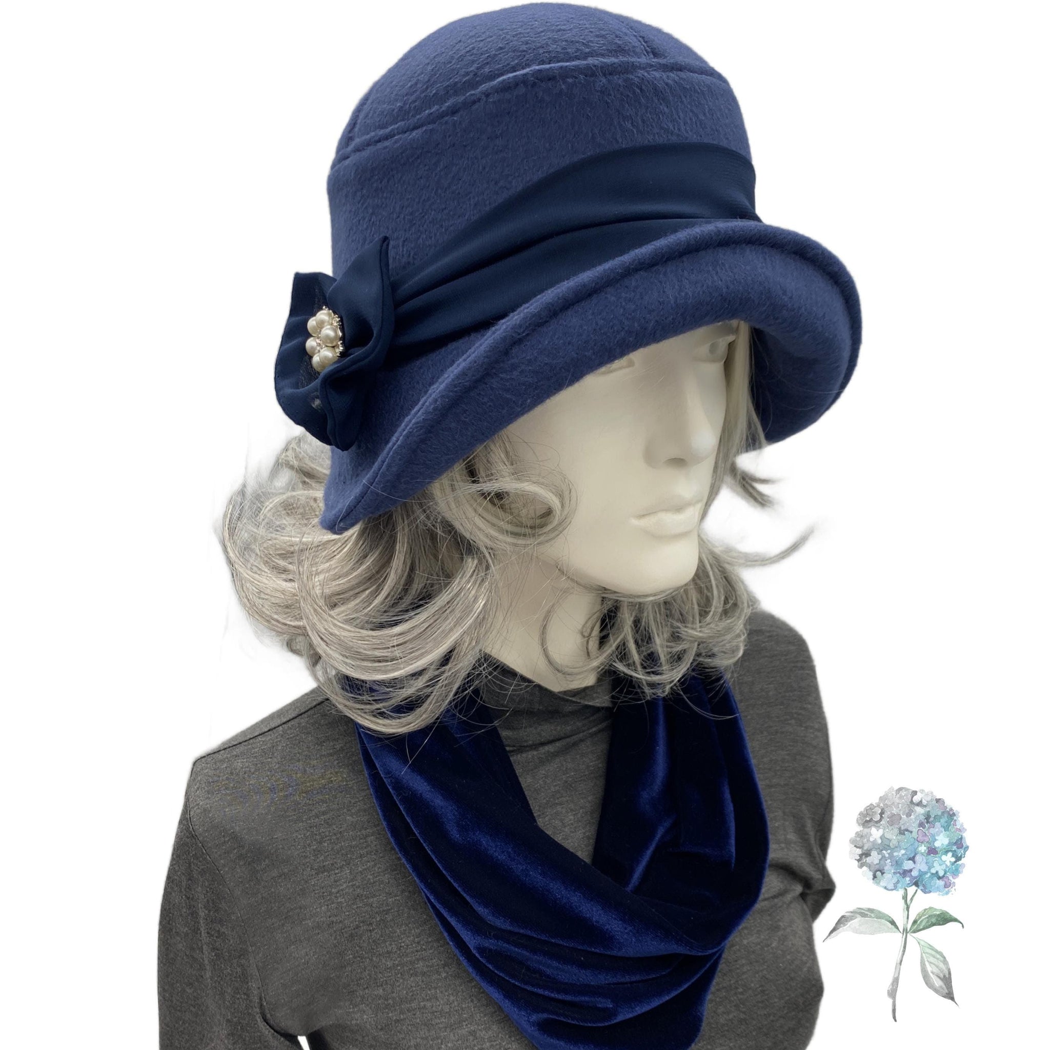 1920s Flapper Hat in Navy Blue Fleece with Chiffon Band and  display picture 3