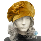 Handmade Gold Velvet Beret with Bow, Satin Lined, Size Large