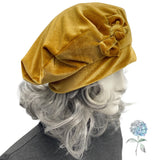 Handmade Gold Velvet Beret with Bow, Satin Lined, Size Large