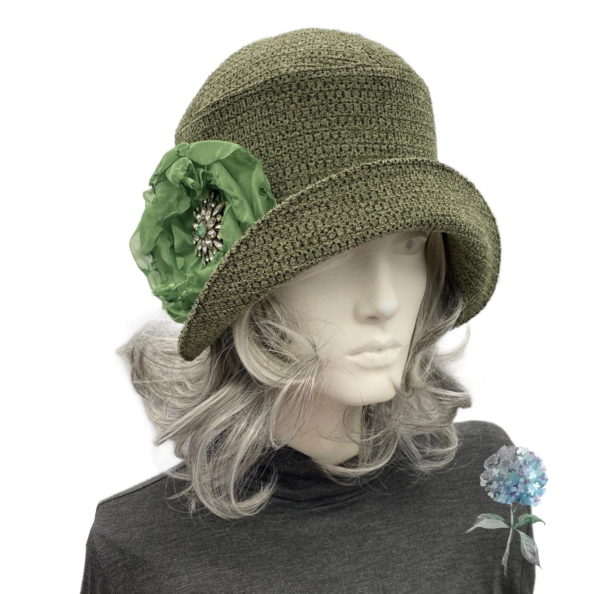 1920's Style Olive Green Textured Velvet Cloche Hat Ready to Ship