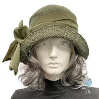 Cloche Hat Woman, 1920s Flapper Style, Handmade in Olive Green Textured Velvet, Size Small Ready to Ship, with Chiffon Bow Scarf