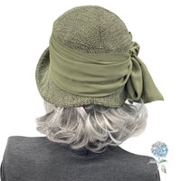 Cloche Hat Woman, 1920s Flapper Style, Handmade in Olive Green Textured Velvet, Size Small Ready to Ship, with Chiffon Bow Scarf