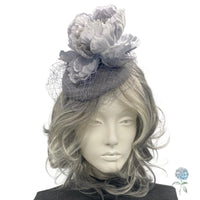 Silver Gray Fascinator Hats for Women, with Peony Flower and Birdcage Veil, Kentucky Derby, Ladies Day, Weddings and Tea Parties