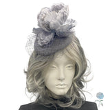Silver Gray Fascinator Hats for Women, with Peony Flower and Birdcage Veil, Kentucky Derby, Ladies Day, Weddings and Tea Parties