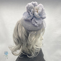 Silver Gray Fascinator Hats for Women, with Peony Flower and Birdcage Veil, Kentucky Derby, Ladies Day, Weddings and Tea Parties