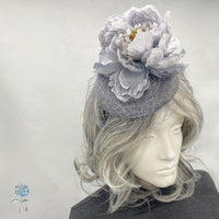 Silver Gray Fascinator Hats for Women, with Peony Flower and Birdcage Veil, Kentucky Derby, Ladies Day, Weddings and Tea Parties