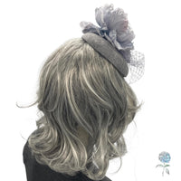 Silver Gray Fascinator Hats for Women, with Peony Flower and Birdcage Veil, Kentucky Derby, Ladies Day, Weddings and Tea Parties