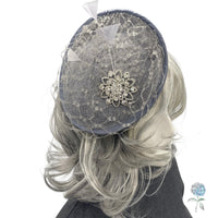 Crystal Fascinator, Gray Sinamay Hatinator Headband with Veiling Feather and Rhinestone, Weddings, Tea Parties and Kentucky Derby Hat
