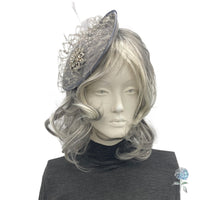 Crystal Fascinator, Gray Sinamay Hatinator Headband with Veiling Feather and Rhinestone, Weddings, Tea Parties and Kentucky Derby Hat