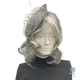 Crystal Fascinator, Gray Sinamay Hatinator Headband with Veiling Feather and Rhinestone, Weddings, Tea Parties and Kentucky Derby Hat