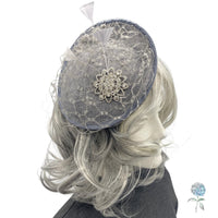 Crystal Fascinator, Gray Sinamay Hatinator Headband with Veiling Feather and Rhinestone, Weddings, Tea Parties and Kentucky Derby Hat