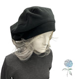 Oversized Black Fleece Beret: Handmade Satin-Lined Hat