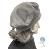 Gray Fleece Beret, Satin Lined Winter Hat, Handmade USA