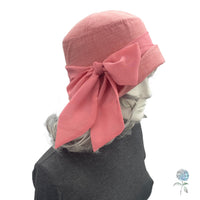 Cloche Hat Woman, 1920s Flapper Style, Handmade in Dusky Coral Linen, Size Medium Ready to Ship, with Chiffon Bow Scarf