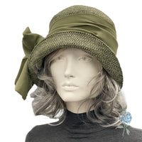 Cloche Hat Woman, 1920s Flapper Style, Handmade in Olive Green Textured Velvet, Size Small Ready to Ship, with Chiffon Bow Scarf