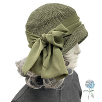 Cloche Hat Woman, 1920s Flapper Style, Handmade in Olive Green Textured Velvet, Size Small Ready to Ship, with Chiffon Bow Scarf