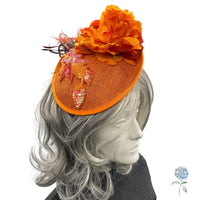 Race Day Radiance, Orange Fascinator with Flowers, Feathers & Sparkle, Handmade in the USA