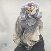 Silver Gray Fascinator Hats for Women, with Peony Flower and Birdcage Veil, Kentucky Derby, Ladies Day, Weddings and Tea Parties