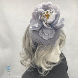 Silver Gray Fascinator Hats for Women, with Peony Flower and Birdcage Veil, Kentucky Derby, Ladies Day, Weddings and Tea Parties