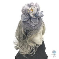 Silver Gray Fascinator Hats for Women, with Peony Flower and Birdcage Veil, Kentucky Derby, Ladies Day, Weddings and Tea Parties