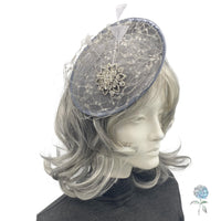 Crystal Fascinator, Gray Sinamay Hatinator Headband with Veiling Feather and Rhinestone, Weddings, Tea Parties and Kentucky Derby Hat