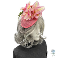 Pink Iris Fascinator Hat, Floral Headband Hatinator with French Veiling, Kentucky Derby Weddings and Tea Parties
