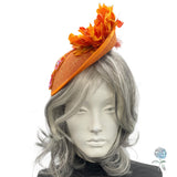 Race Day Radiance, Orange Fascinator with Flowers, Feathers & Sparkle, Handmade in the USA