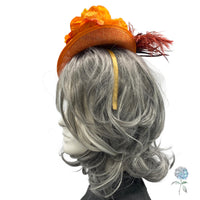 Race Day Radiance, Orange Fascinator with Flowers, Feathers & Sparkle, Handmade in the USA