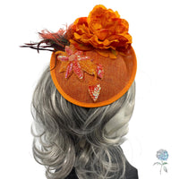 Race Day Radiance, Orange Fascinator with Flowers, Feathers & Sparkle, Handmade in the USA