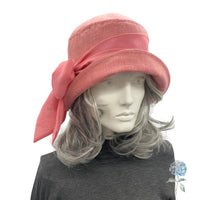 Cloche Hat Woman, 1920s Flapper Style, Handmade in Dusky Coral Linen, Size Medium Ready to Ship, with Chiffon Bow Scarf