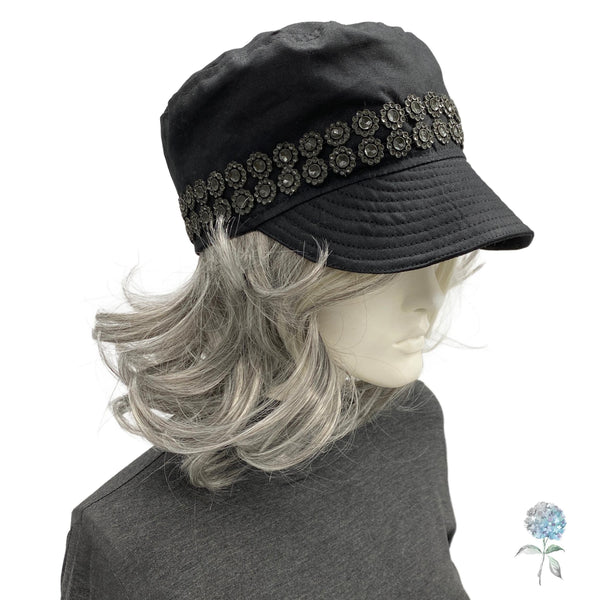 Waxed Cotton Cadet Cap, Rain Hat in Black, Handmade Walking Hat, USA Made Size Large
